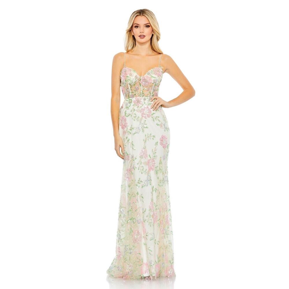 NWT Mac Duggal 2 Sequined Floral Corseted Sheer Sweetheart Long Cream Gown 68180